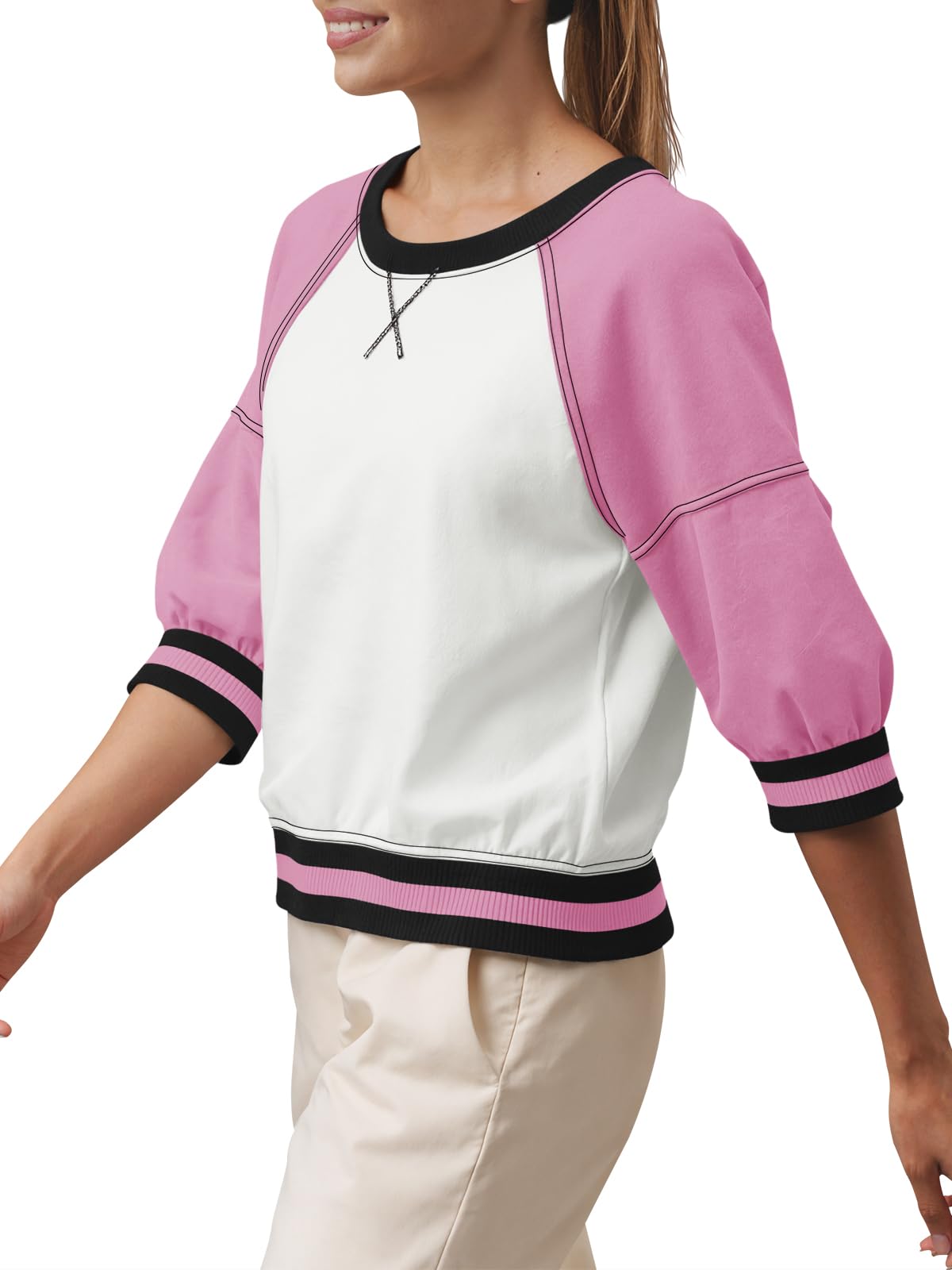 Fisoew Womens Crewneck Sweatshirt Ribbed Raglan Half Sleeve Pullover Tops Color Block Loose Fit Sweatshirts