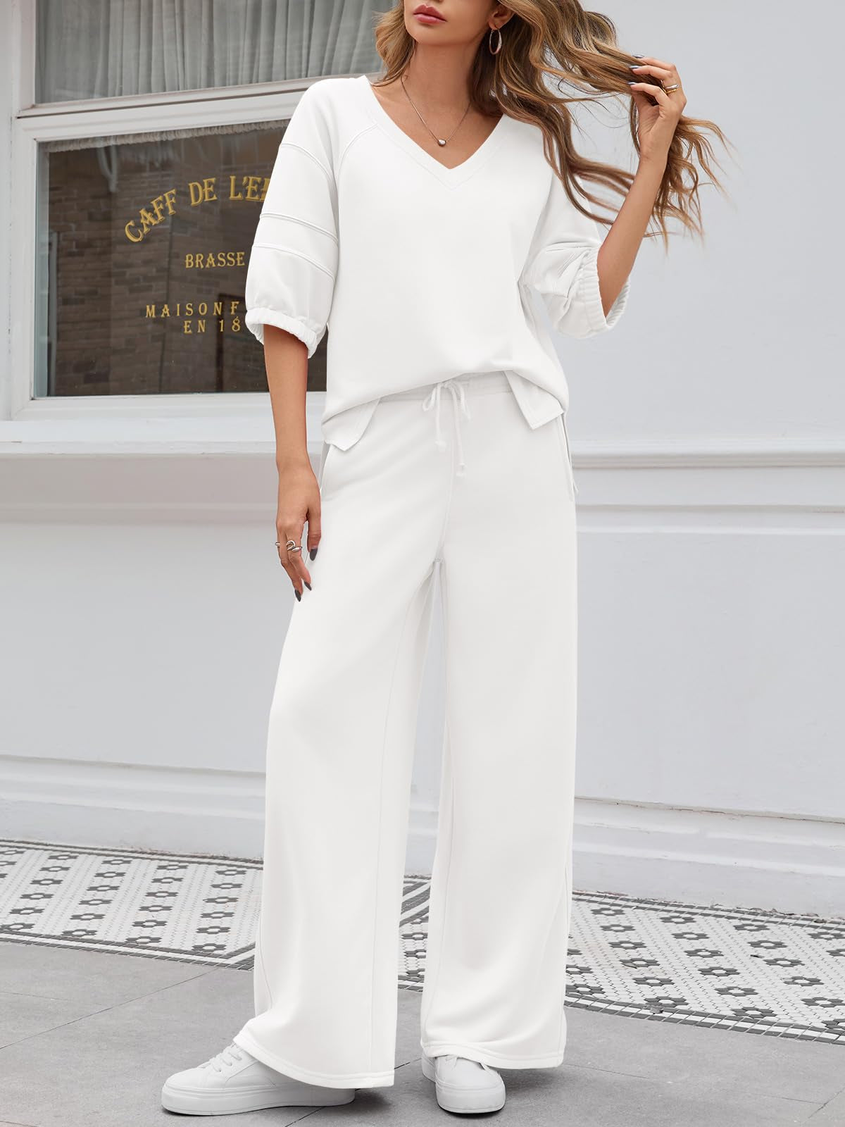 Fisoew Womens 2 Piece Outfits Casual V Neck Shirts Wide Leg Running Long Pants Loose Workout Tracksuit Sets