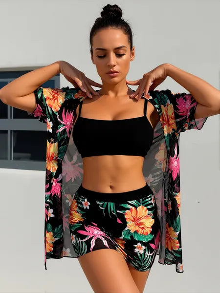 New European And American Style Women's Swimsuit, High-Waisted Two-Piece With Print, Multi-Color Mesh, Sun-Protective Cover-Up Three-Piece Set