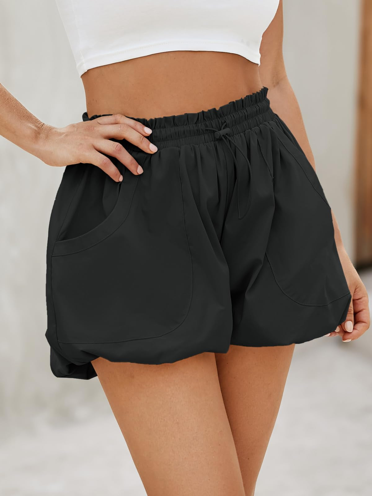 Fisoew Womens Summer Bubble Shorts Casual High Waisted Workout Puffy Shorts With Pockets