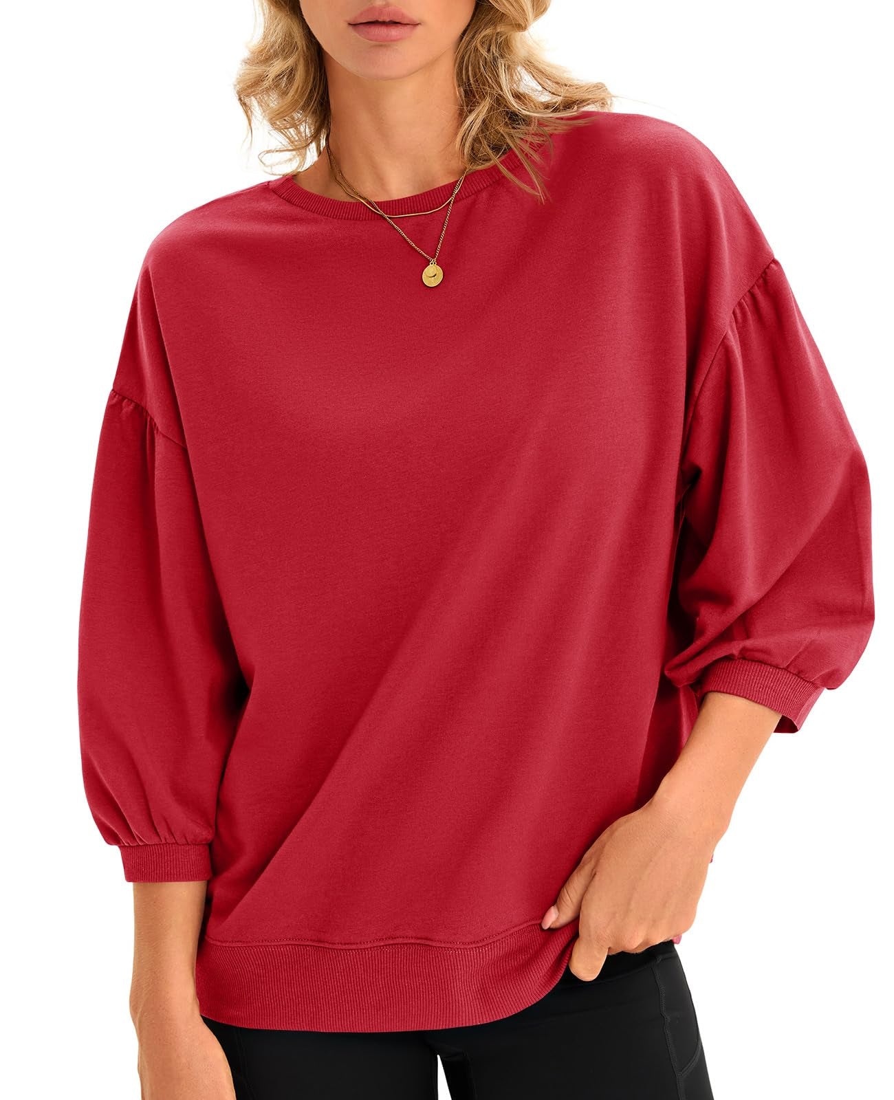 Fisoew Womens Puff Sleeve Sweatshirts Casual Crewneck Sleeve Loose Fit Fall Pullover Tops