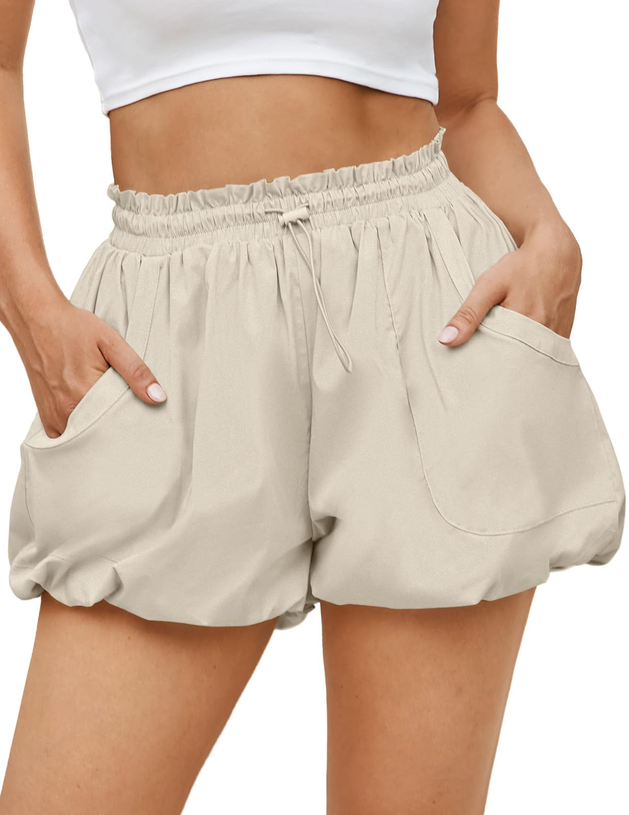 Fisoew Womens Summer Bubble Shorts Casual High Waisted Workout Puffy Shorts With Pockets