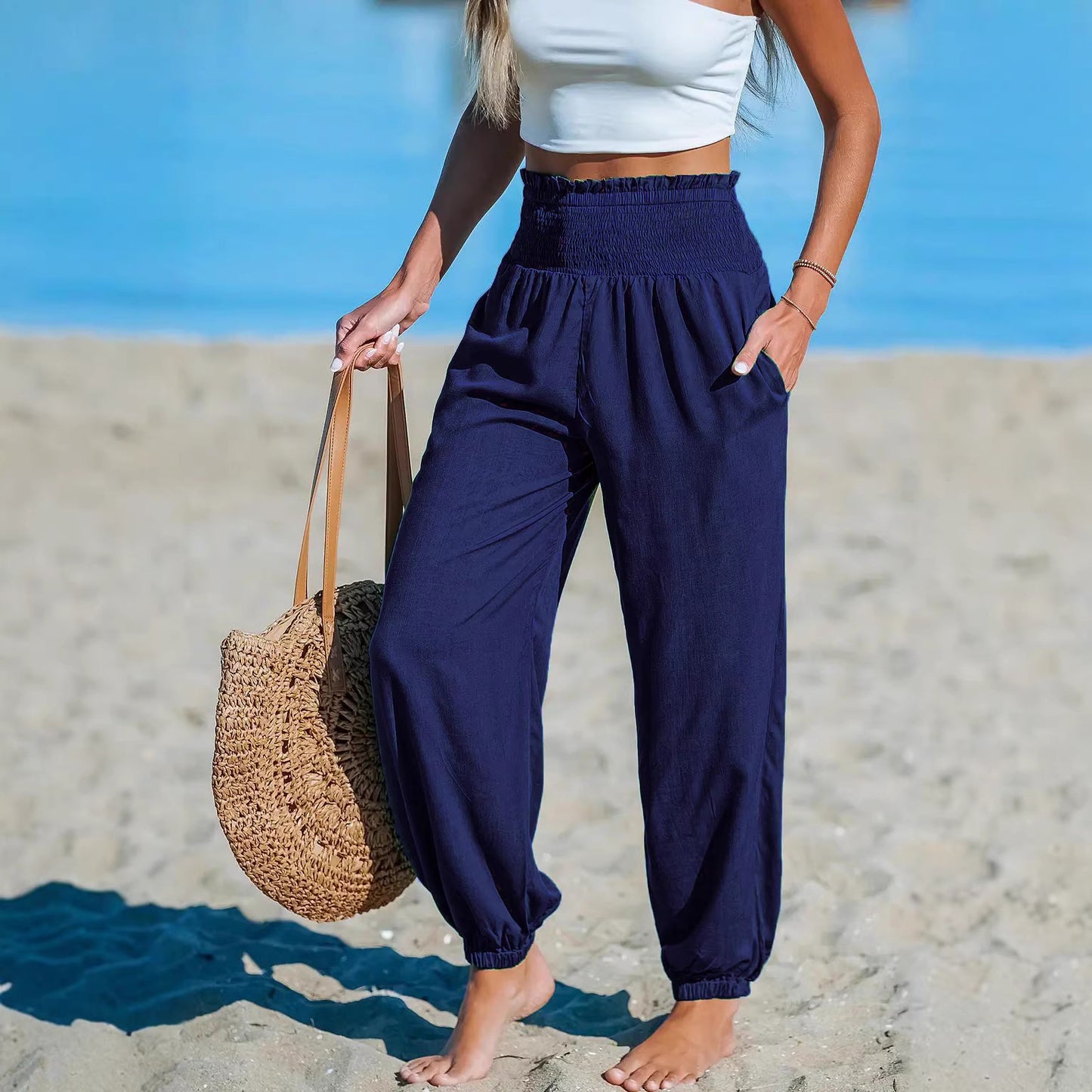 Women's Solid-Color Loose Beach Casual Ankle-Tied Pants