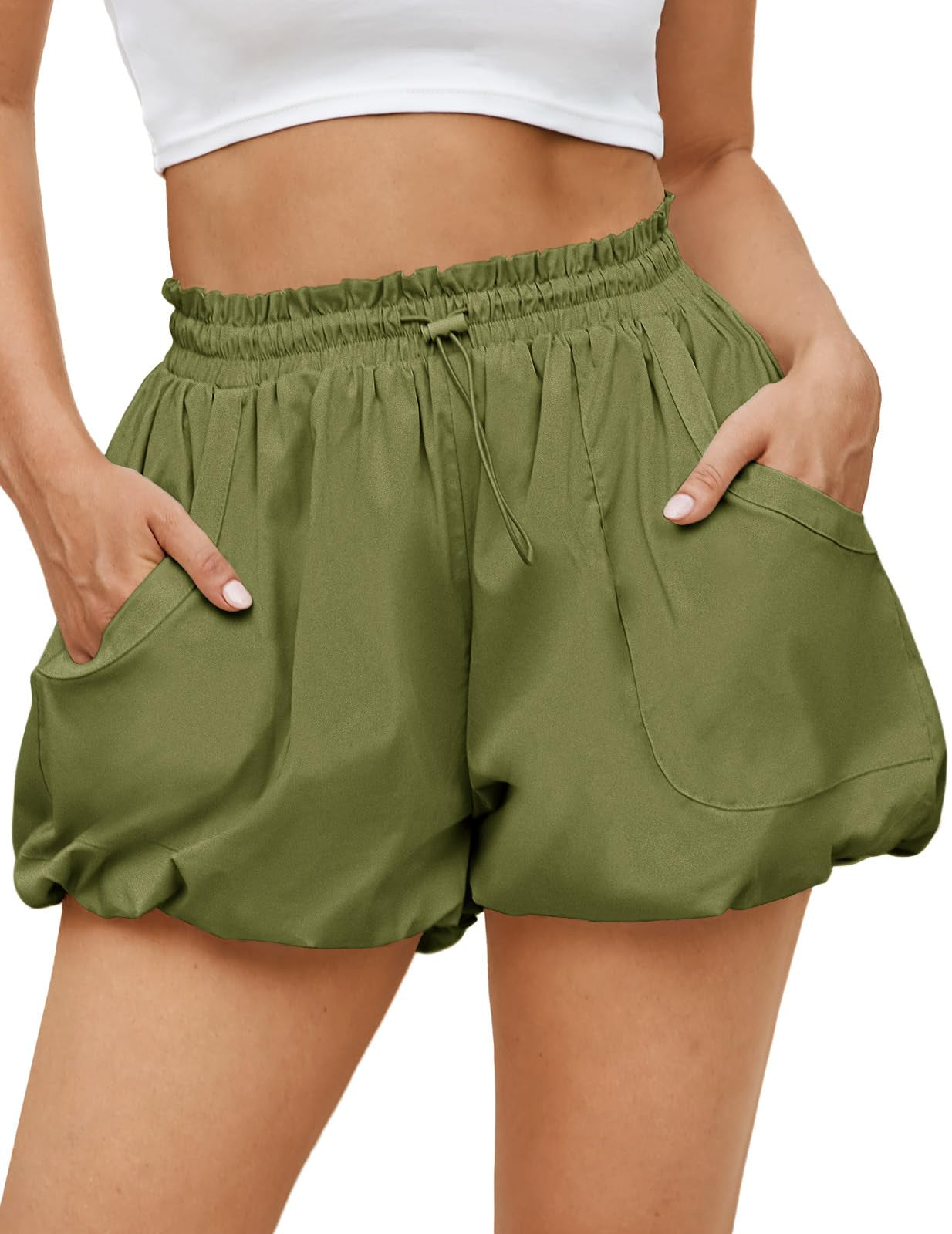 Fisoew Womens Summer Bubble Shorts Casual High Waisted Workout Puffy Shorts With Pockets