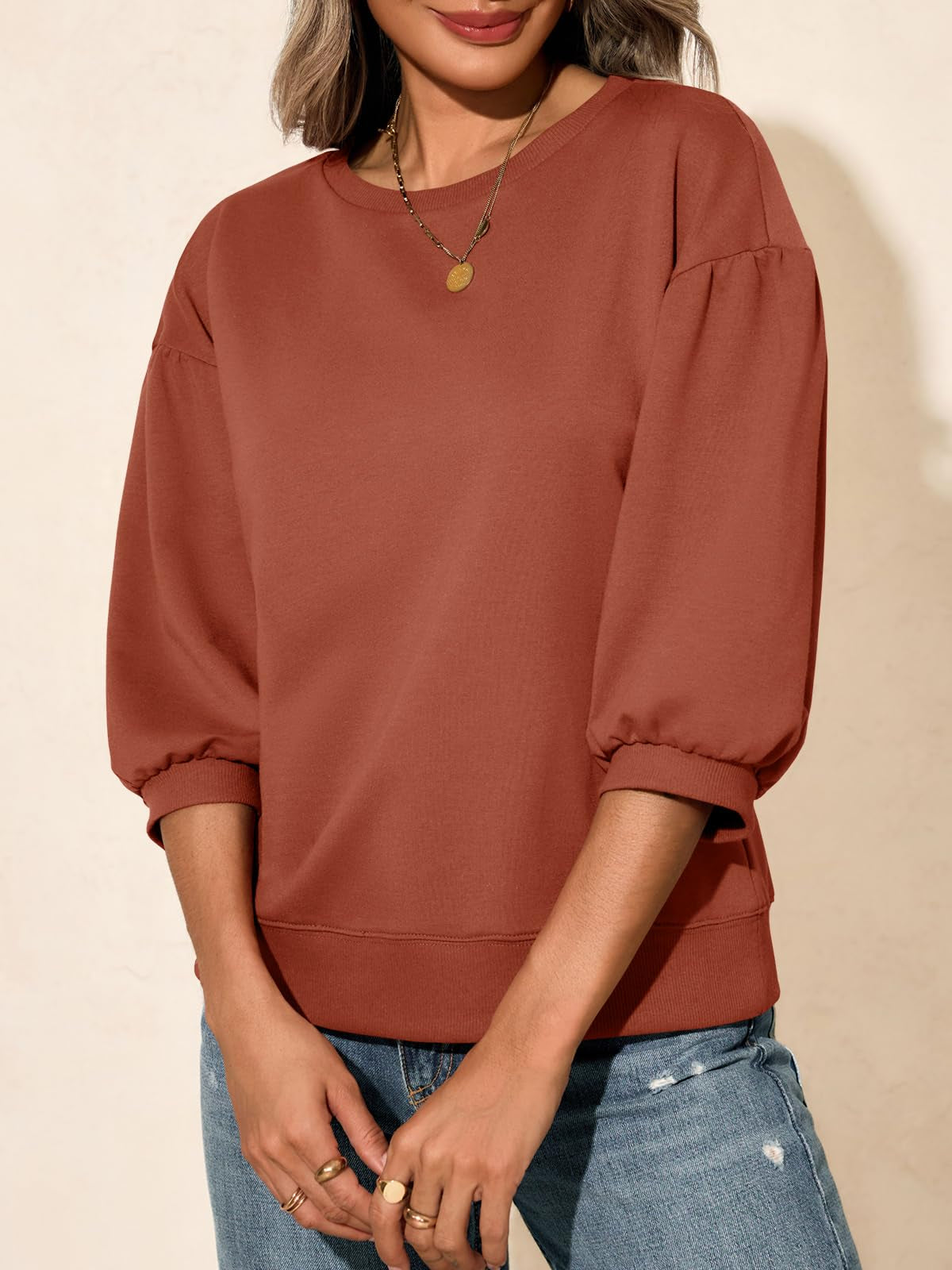 Fisoew Womens Puff Sleeve Sweatshirts Casual Crewneck Sleeve Loose Fit Fall Pullover Tops