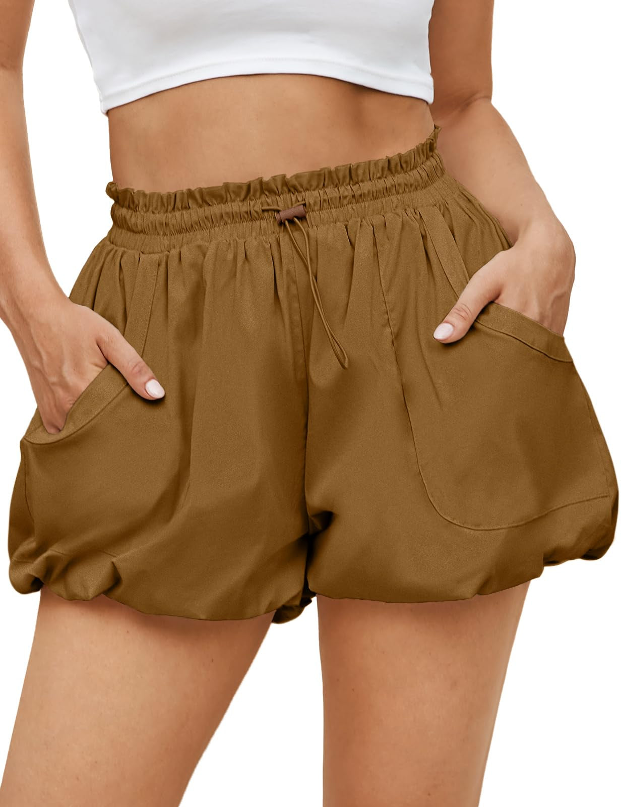 Fisoew Womens Summer Bubble Shorts Casual High Waisted Workout Puffy Shorts With Pockets