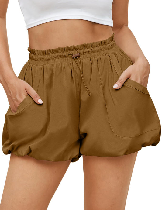Fisoew Womens Summer Bubble Shorts Casual High Waisted Workout Puffy Shorts With Pockets