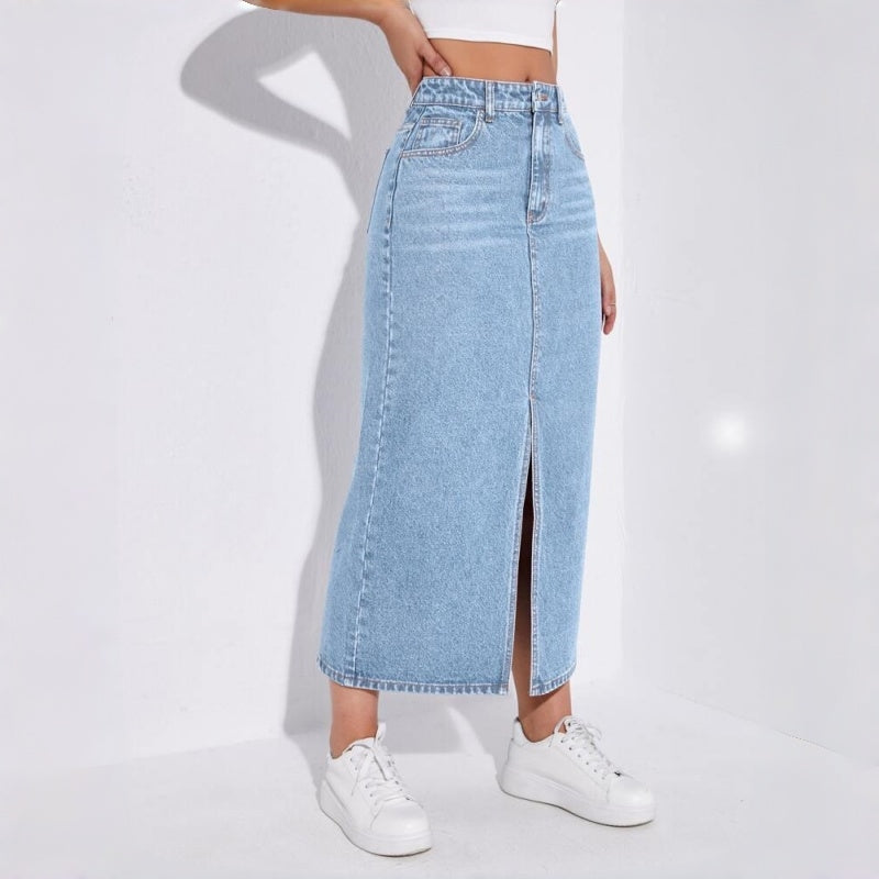 Women's High-Waisted Light Wash Denim Midi Skirt, Front Slit Straight Long Jean Skirt