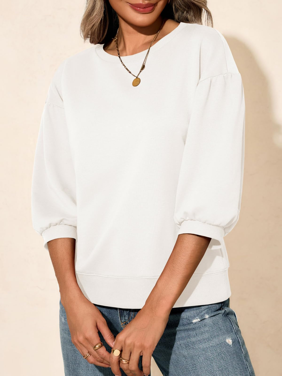 Fisoew Womens Puff Sleeve Sweatshirts Casual Crewneck Sleeve Loose Fit Fall Pullover Tops