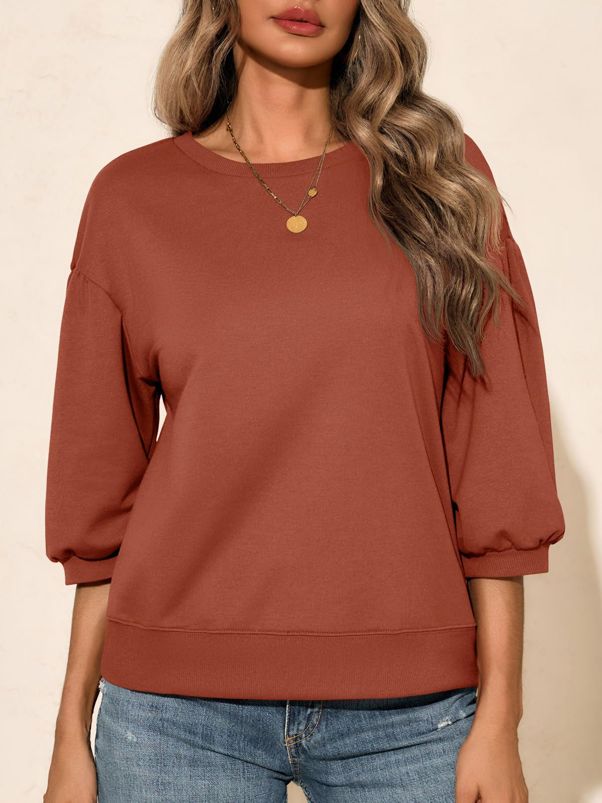Fisoew Womens Puff Sleeve Sweatshirts Casual Crewneck Sleeve Loose Fit Fall Pullover Tops