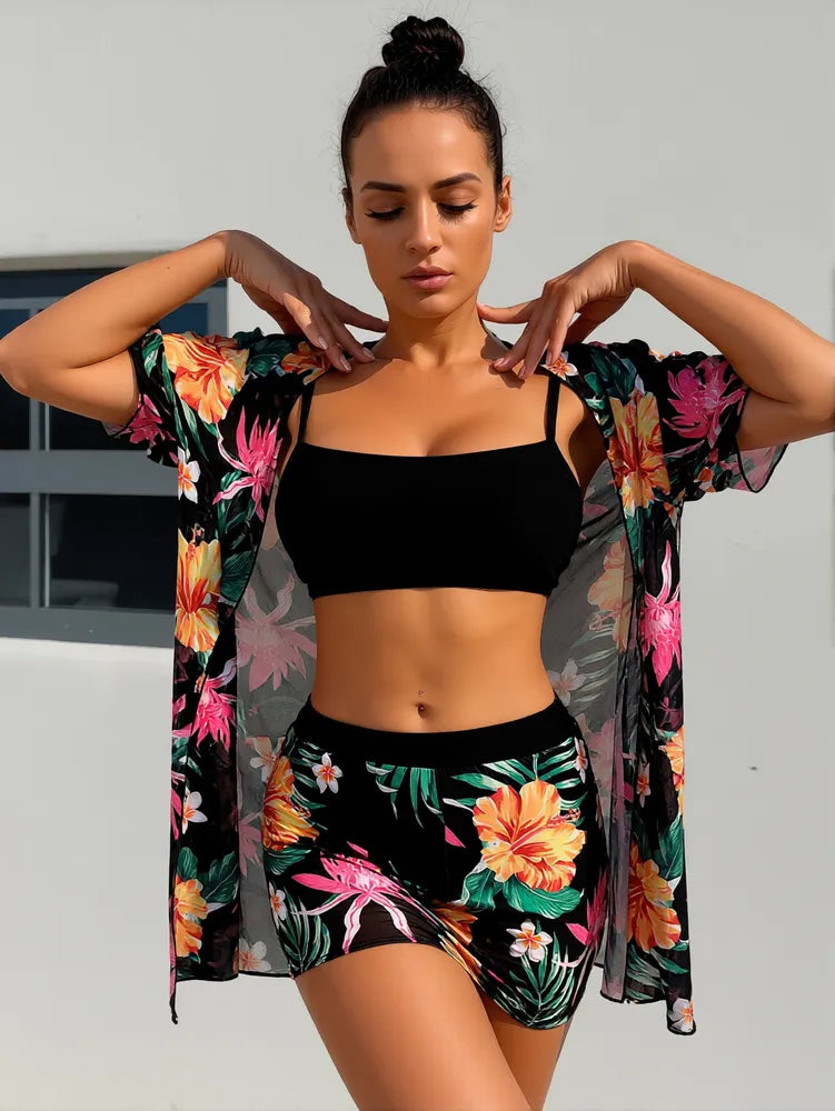 New European And American Style Women's Swimsuit, High-Waisted Two-Piece With Print, Multi-Color Mesh, Sun-Protective Cover-Up Three-Piece Set