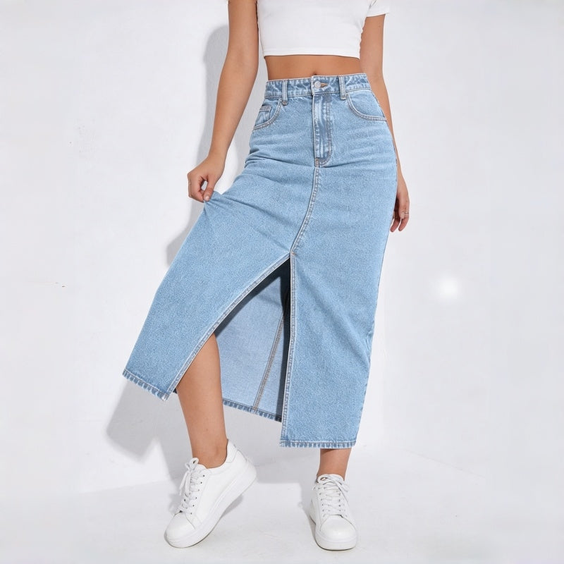 Women's High-Waisted Light Wash Denim Midi Skirt, Front Slit Straight Long Jean Skirt