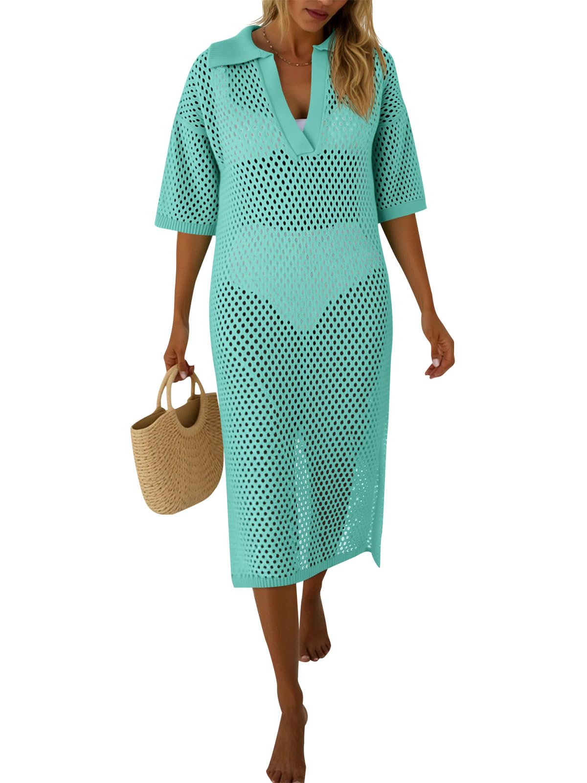 Fisoew Womens Crochet Swimsuit Coverup Summer Hollow Out Short Sleeve V Neck Bikini Coverups Vacation Beach Maxi Dress