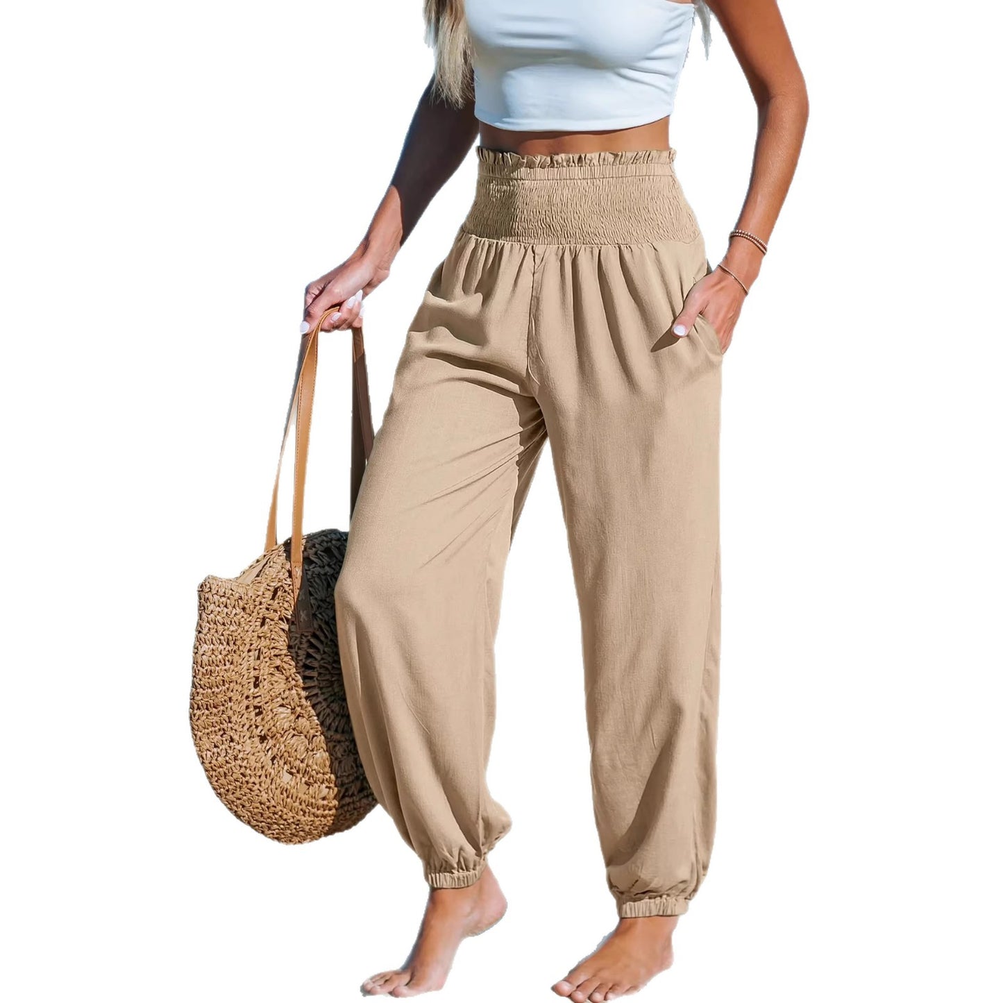 Women's Solid-Color Loose Beach Casual Ankle-Tied Pants