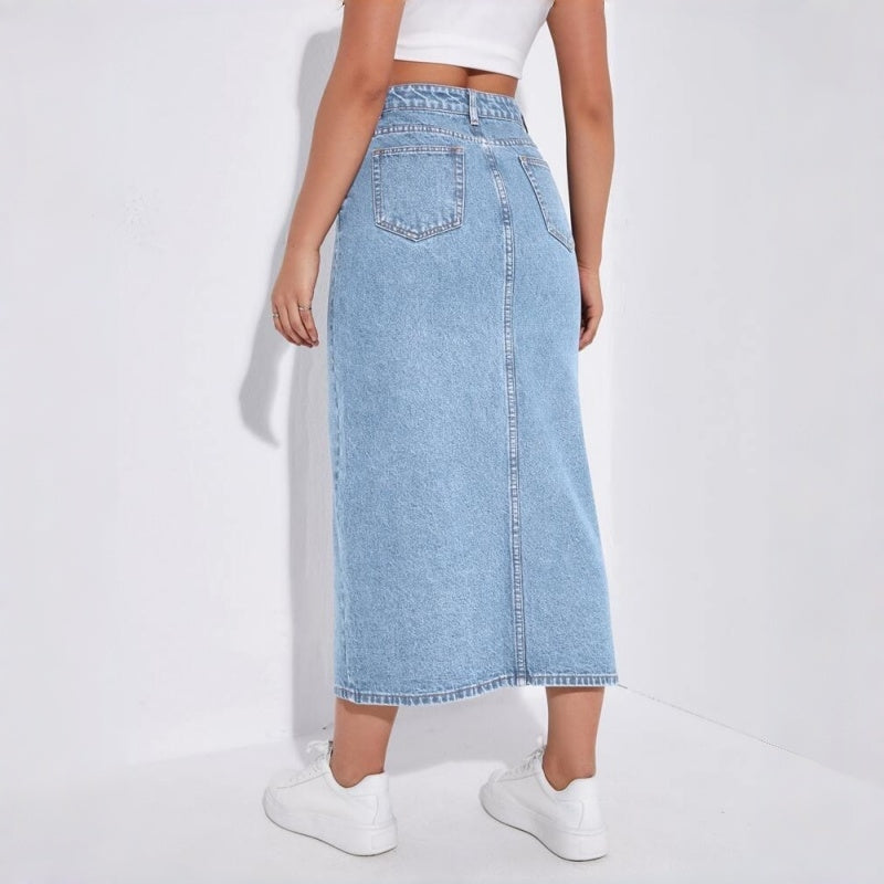 Women's High-Waisted Light Wash Denim Midi Skirt, Front Slit Straight Long Jean Skirt