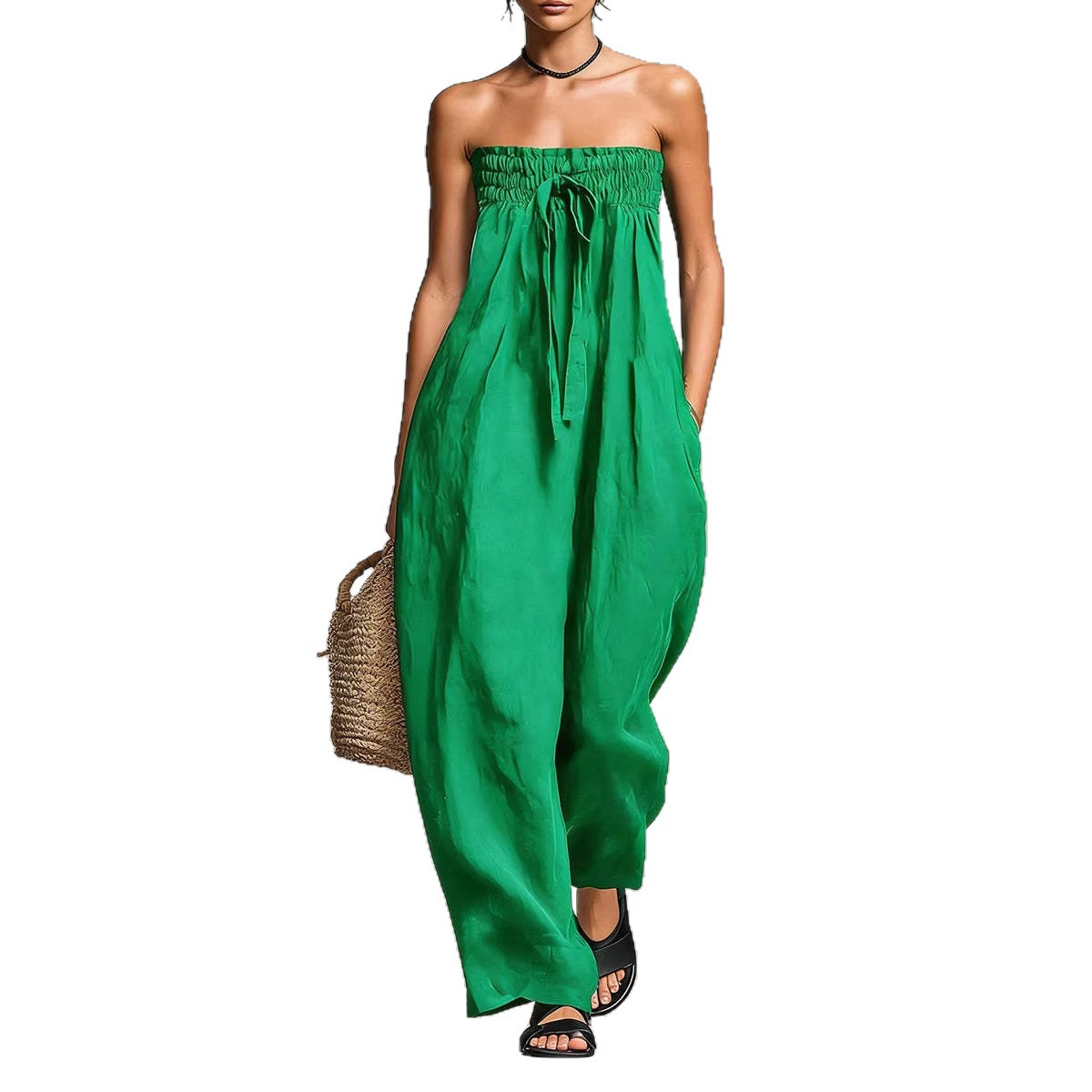Womens Lace-up Tube Top Strapless Ruched Jumpsuit