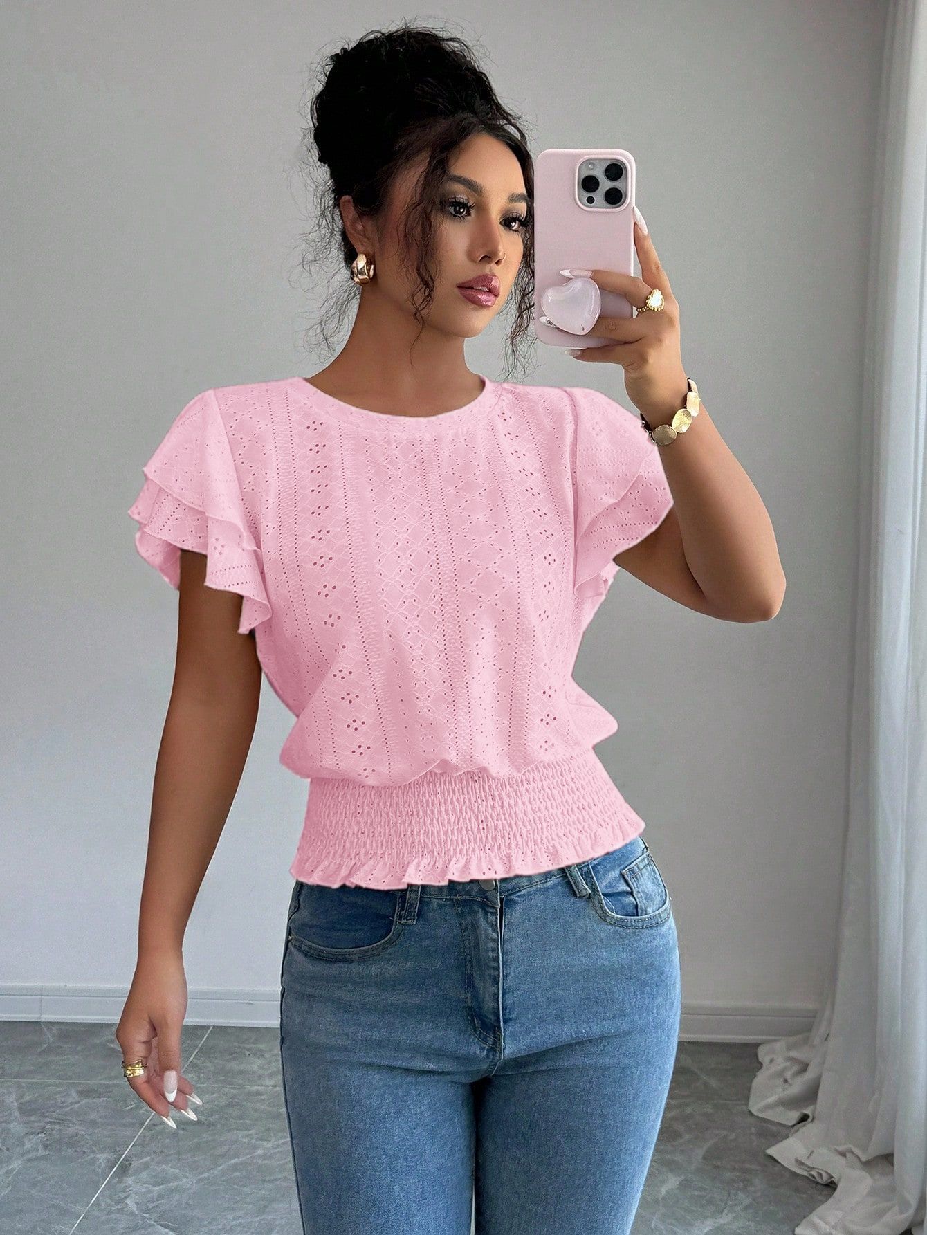 Jacquard Solid-color Crewneck Ruched Batwing-sleeve Short-sleeve Shirt