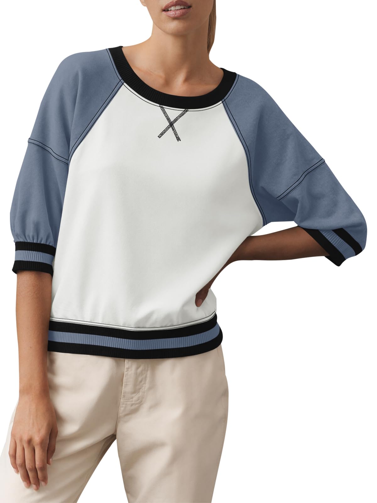Fisoew Womens Crewneck Sweatshirt Ribbed Raglan Half Sleeve Pullover Tops Color Block Loose Fit Sweatshirts