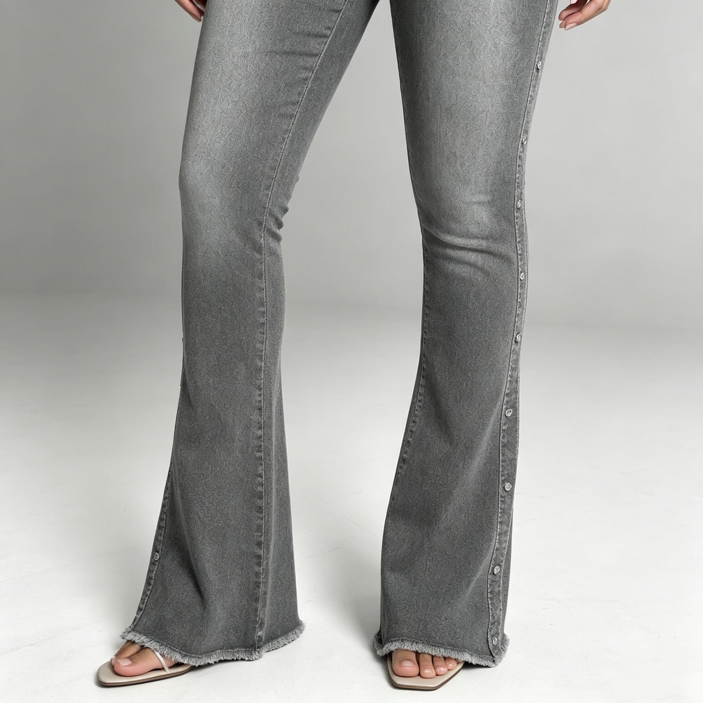 Women's High-Waisted Studded Flare Jeans, Gray Wash Fringe Raw Hem Slim Bootcut Denim Pants