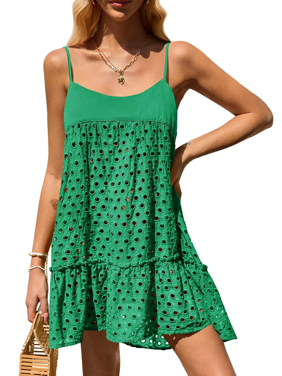 Saodimallsu Womens Crochet Cover Up Summer Spaghetti Strap Hollow Out Fringe Tie Back Beach Coverup Cami Dress