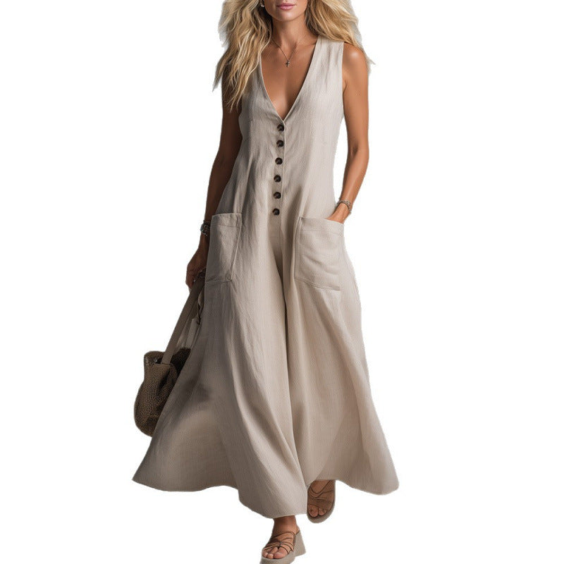 Patchwork Pocket Deep V-Neck Solid Color Casual Dress