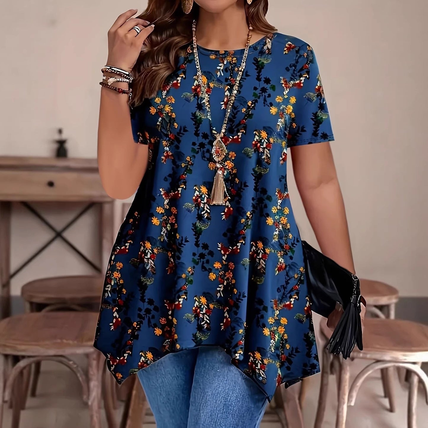 2026 European And American Cross-border Foreign Trade Amazon Women's Floral Print Casual Comfortable Round-neck T-shirt