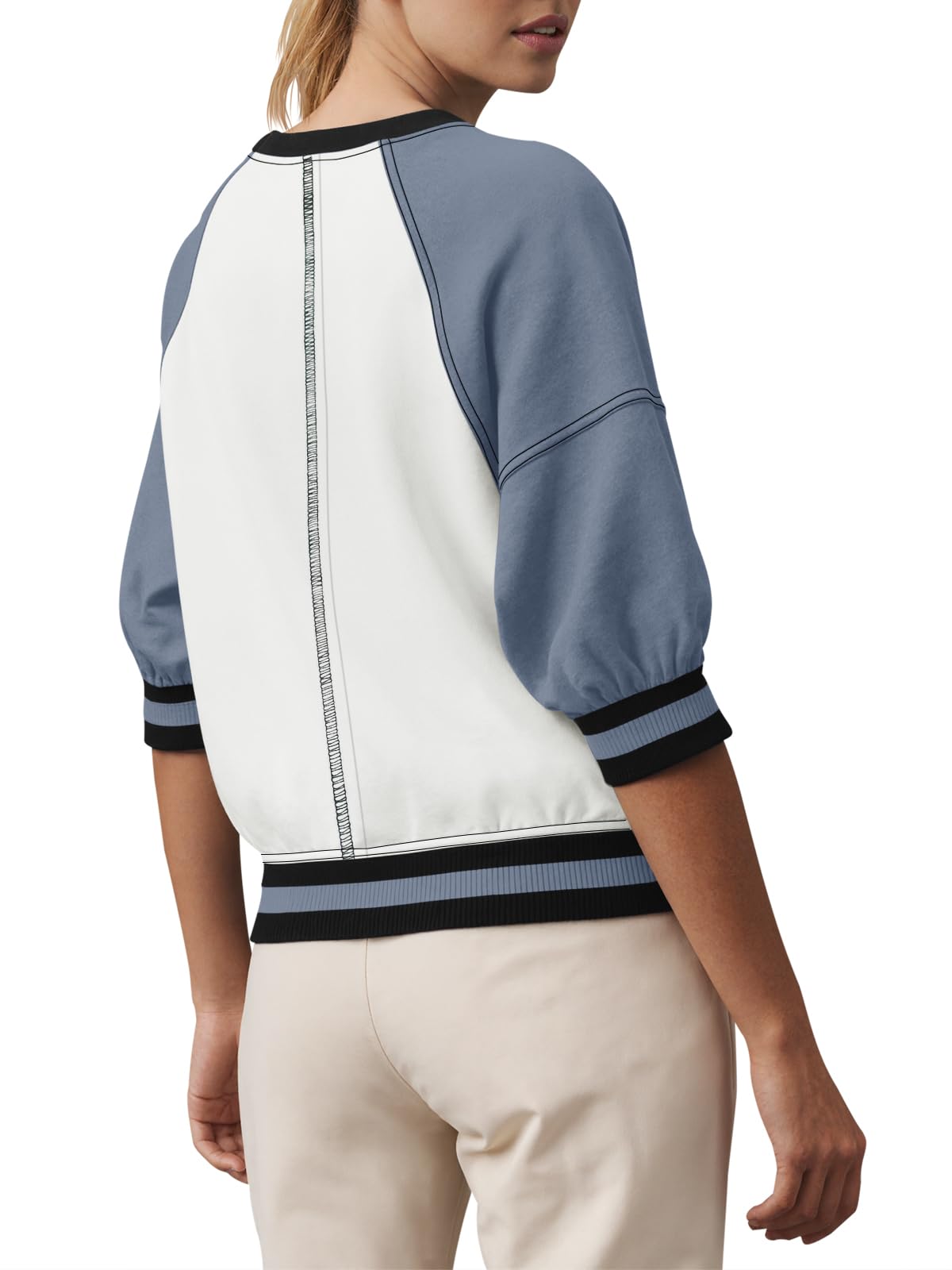 Fisoew Womens Crewneck Sweatshirt Ribbed Raglan Half Sleeve Pullover Tops Color Block Loose Fit Sweatshirts