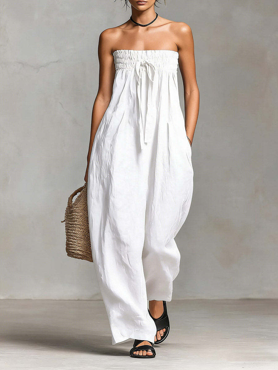 Womens Lace-up Tube Top Strapless Ruched Jumpsuit