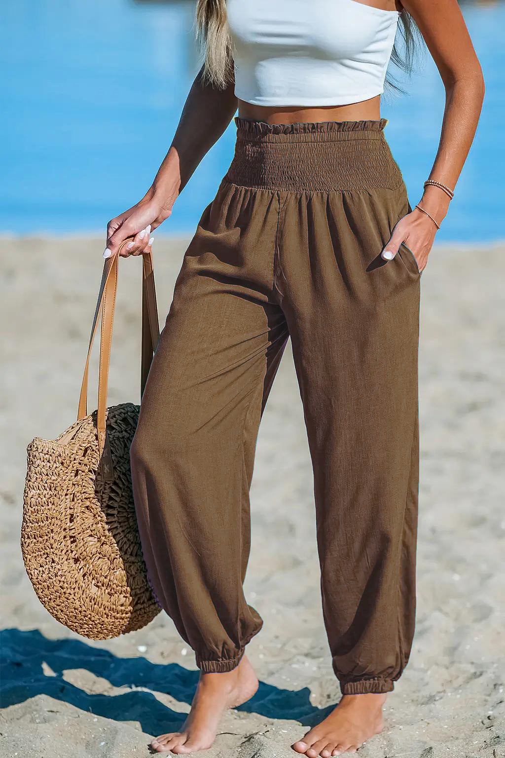Women's Solid-Color Loose Beach Casual Ankle-Tied Pants