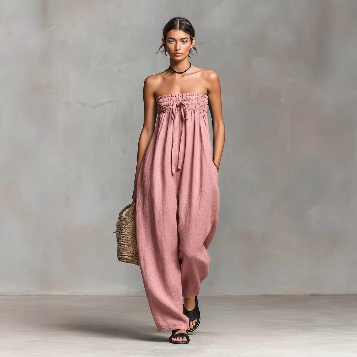 Womens Lace-up Tube Top Strapless Ruched Jumpsuit
