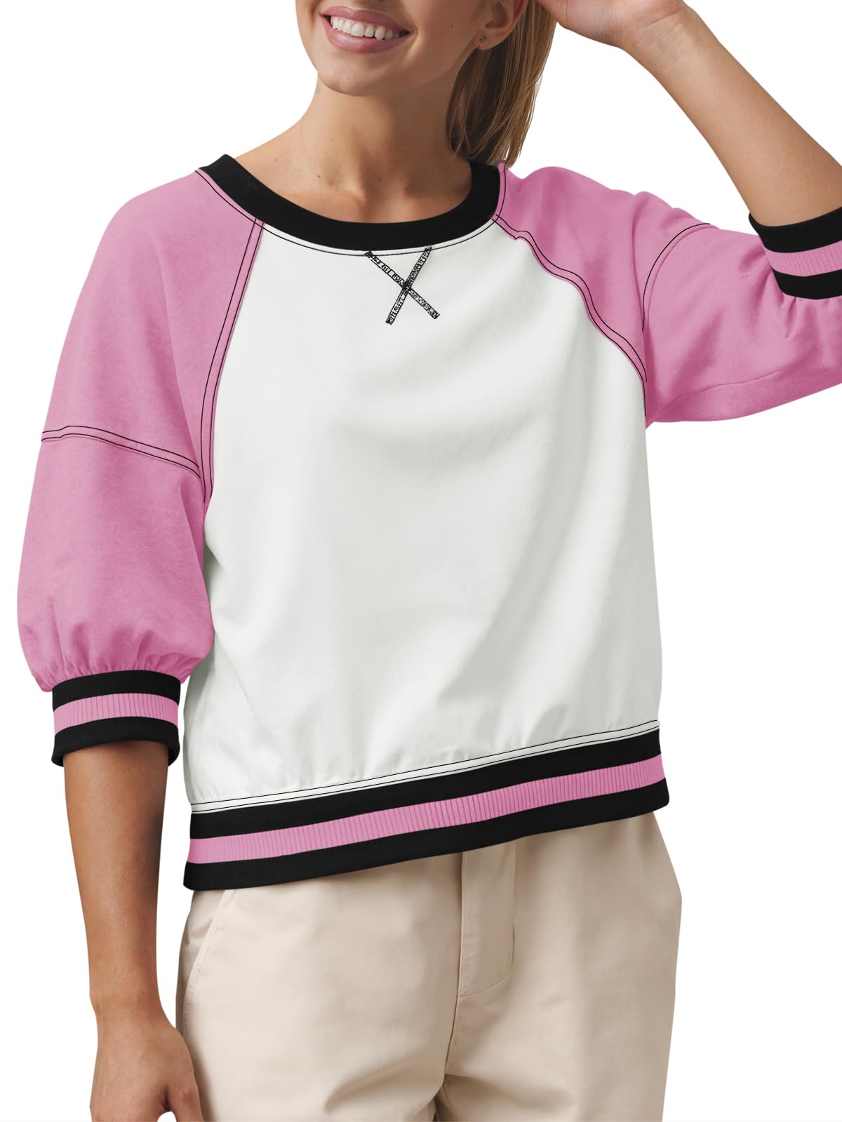 Fisoew Womens Crewneck Sweatshirt Ribbed Raglan Half Sleeve Pullover Tops Color Block Loose Fit Sweatshirts