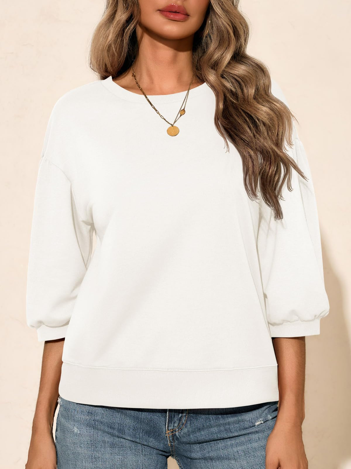 Fisoew Womens Puff Sleeve Sweatshirts Casual Crewneck Sleeve Loose Fit Fall Pullover Tops