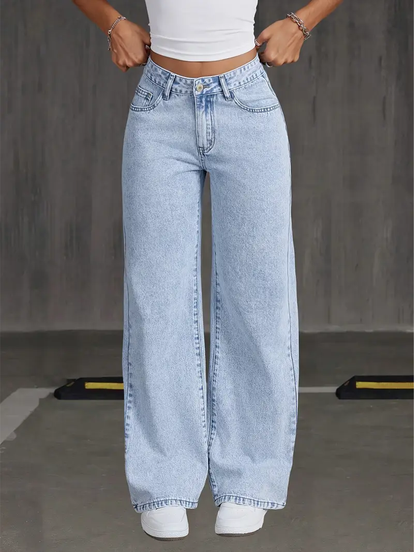 Women's High-Waisted Non-Stretch Wide Leg Jeans, Light Wash Straight Leg Denim Pants