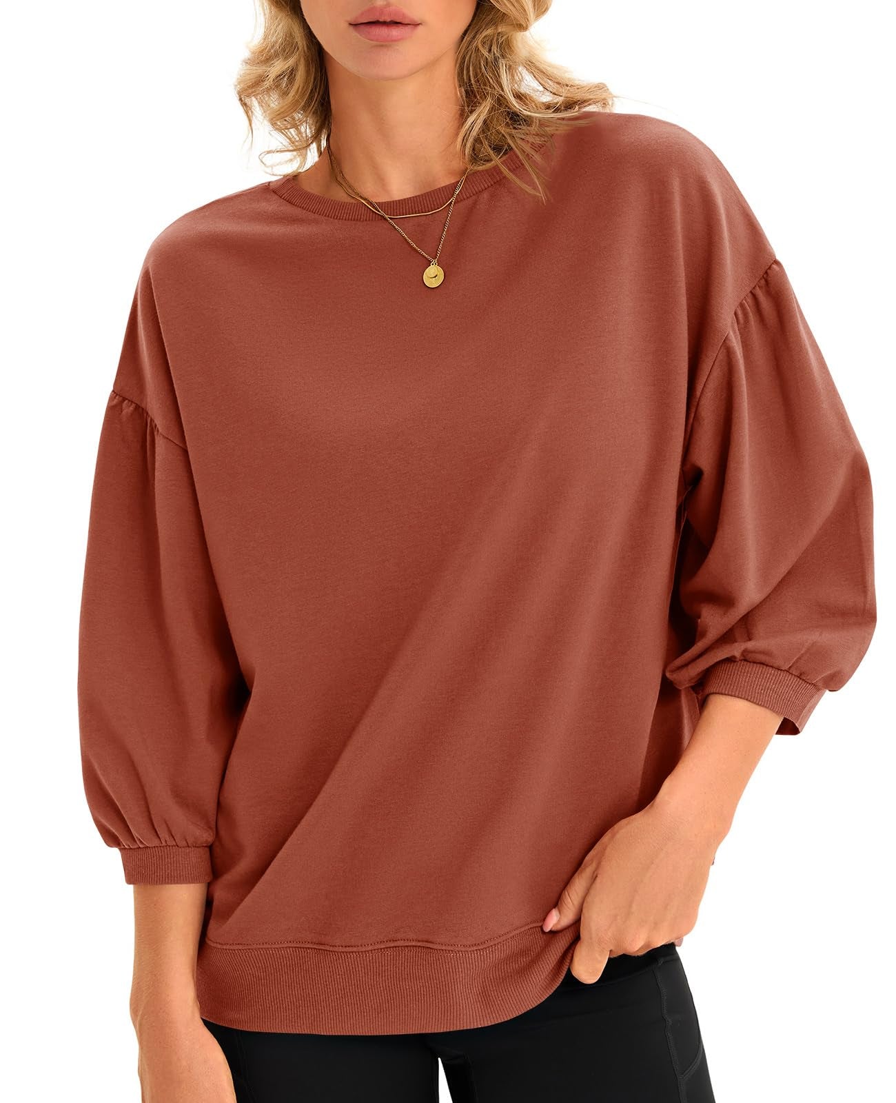 Fisoew Womens Puff Sleeve Sweatshirts Casual Crewneck Sleeve Loose Fit Fall Pullover Tops