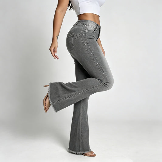 Women's High-Waisted Studded Flare Jeans, Gray Wash Fringe Raw Hem Slim Bootcut Denim Pants