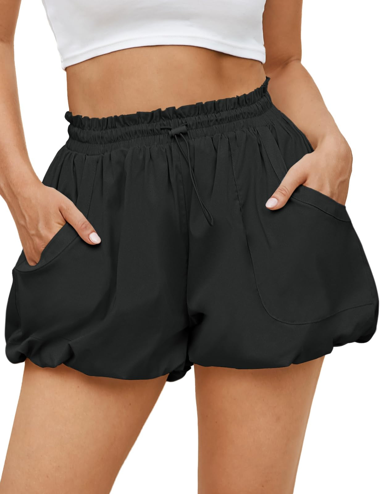 Fisoew Womens Summer Bubble Shorts Casual High Waisted Workout Puffy Shorts With Pockets