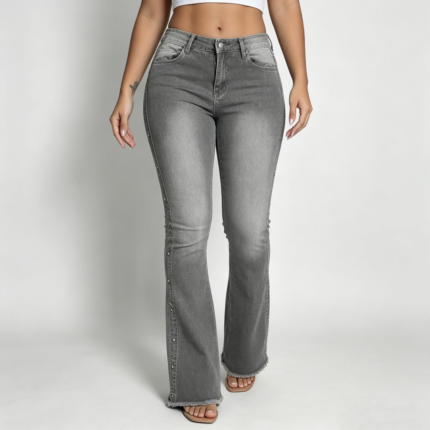 Women's High-Waisted Studded Flare Jeans, Gray Wash Fringe Raw Hem Slim Bootcut Denim Pants