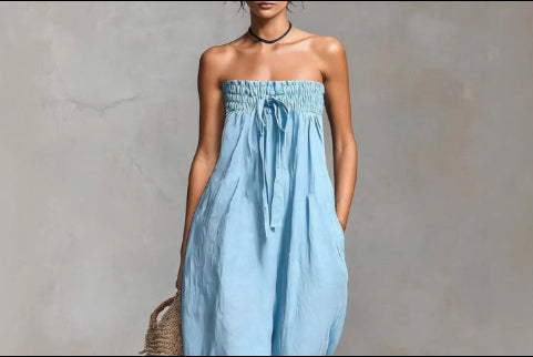 Womens Lace-up Tube Top Strapless Ruched Jumpsuit