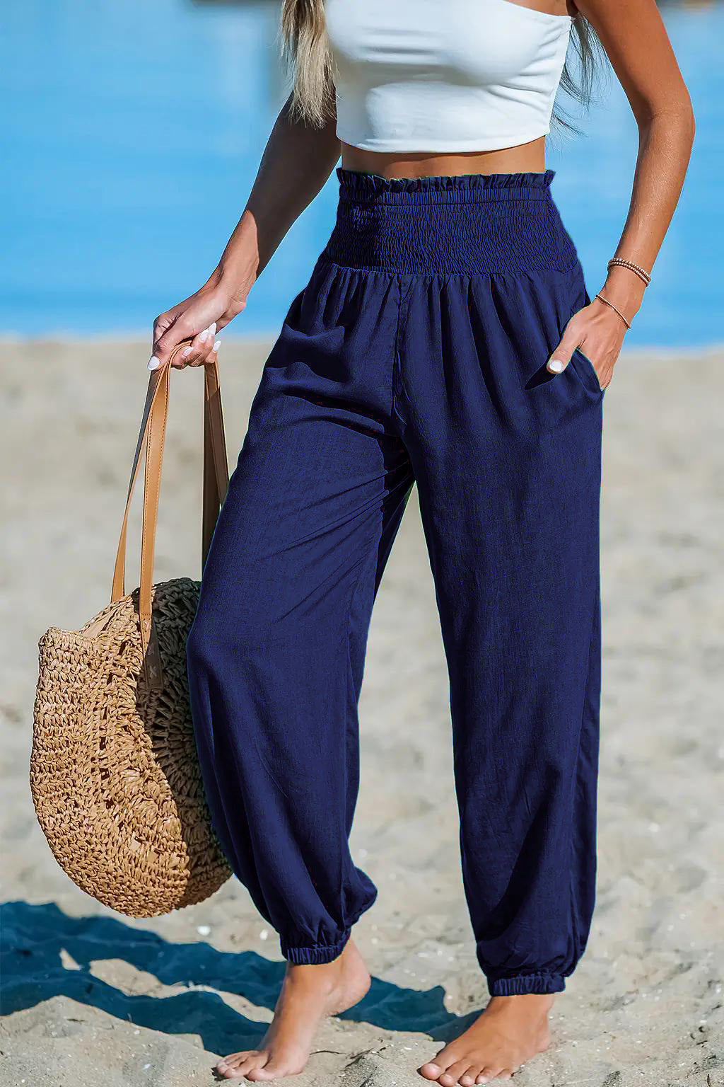 Women's Solid-Color Loose Beach Casual Ankle-Tied Pants