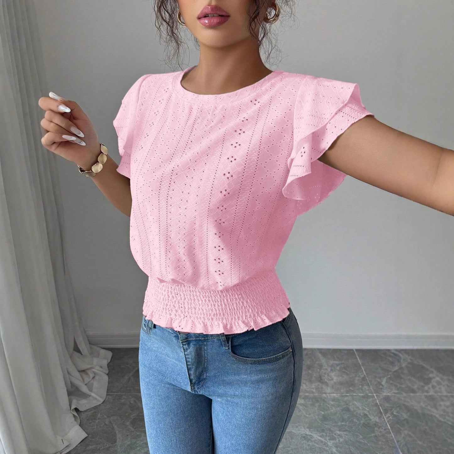 Jacquard Solid-color Crewneck Ruched Batwing-sleeve Short-sleeve Shirt