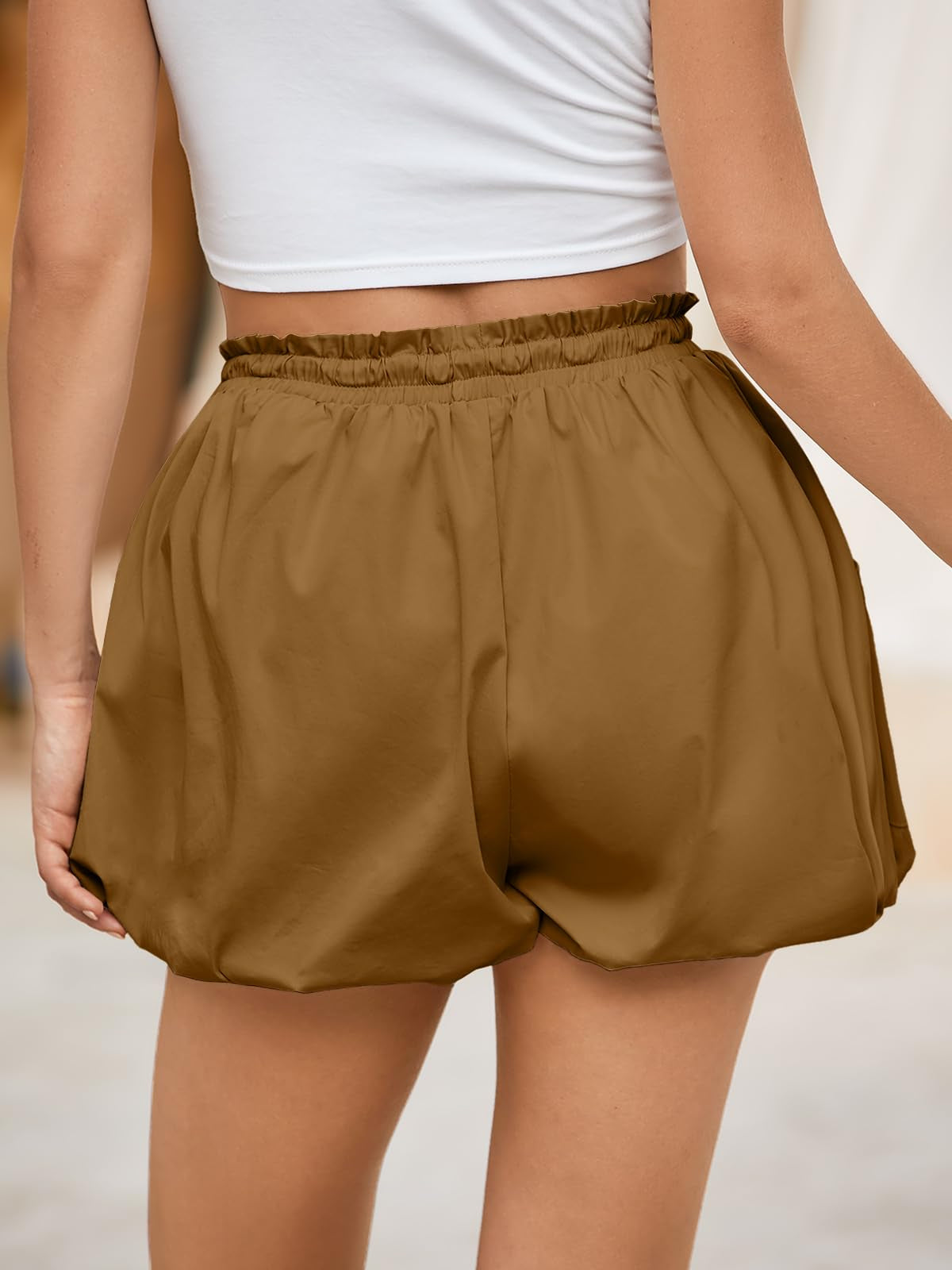 Fisoew Womens Summer Bubble Shorts Casual High Waisted Workout Puffy Shorts With Pockets