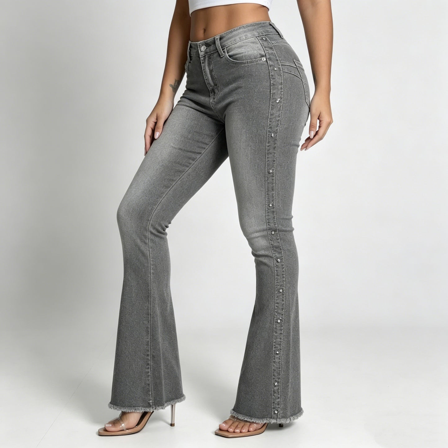 Women's High-Waisted Studded Flare Jeans, Gray Wash Fringe Raw Hem Slim Bootcut Denim Pants