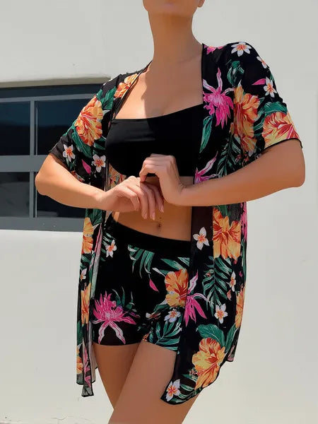 New European And American Style Women's Swimsuit, High-Waisted Two-Piece With Print, Multi-Color Mesh, Sun-Protective Cover-Up Three-Piece Set