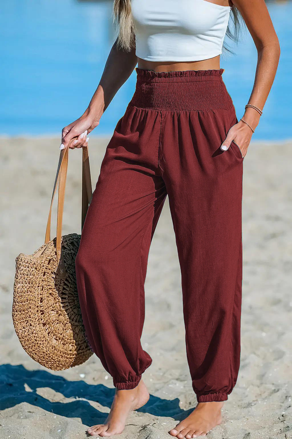 Women's Solid-Color Loose Beach Casual Ankle-Tied Pants