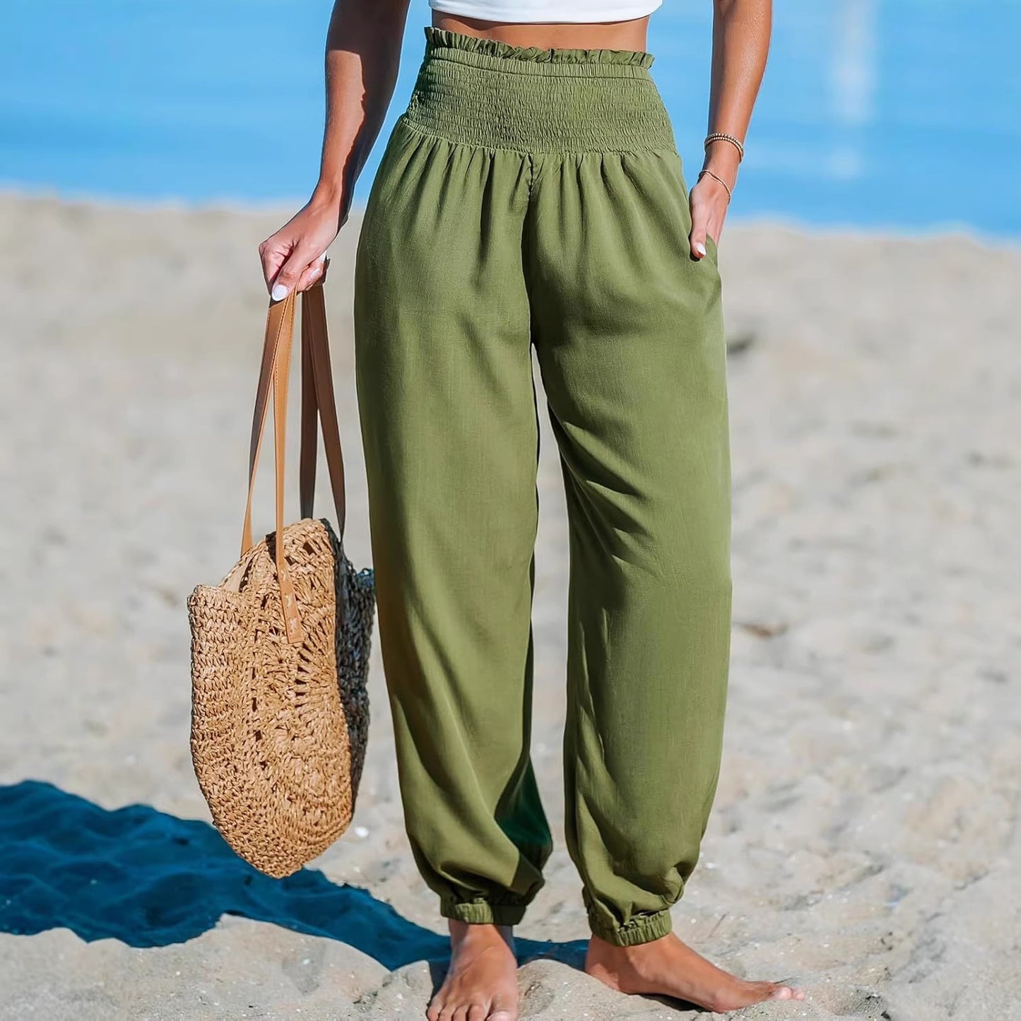 Women's Solid-Color Loose Beach Casual Ankle-Tied Pants