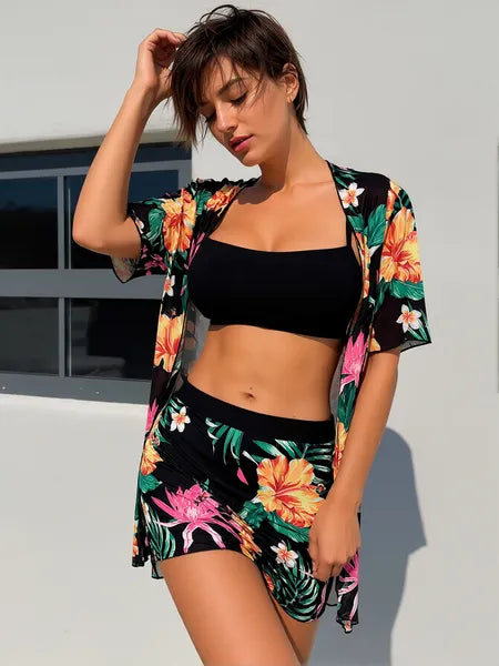 New European And American Style Women's Swimsuit, High-Waisted Two-Piece With Print, Multi-Color Mesh, Sun-Protective Cover-Up Three-Piece Set