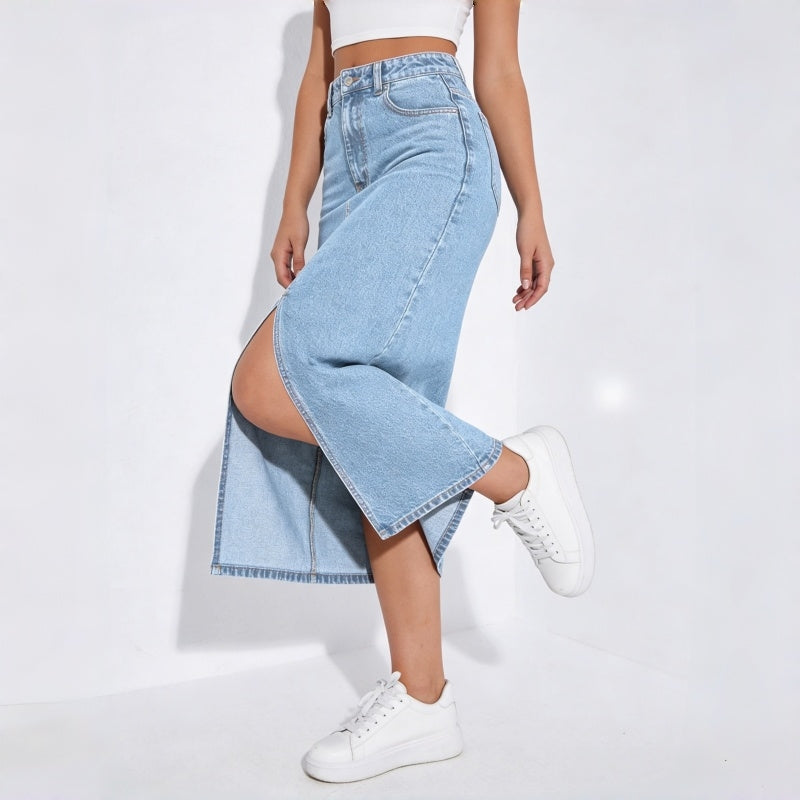 Women's High-Waisted Light Wash Denim Midi Skirt, Front Slit Straight Long Jean Skirt