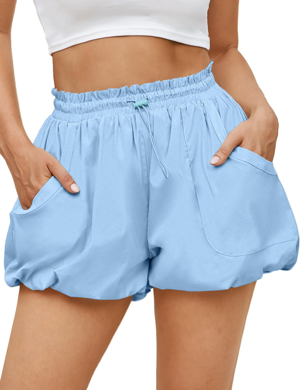 Fisoew Womens Summer Bubble Shorts Casual High Waisted Workout Puffy Shorts With Pockets
