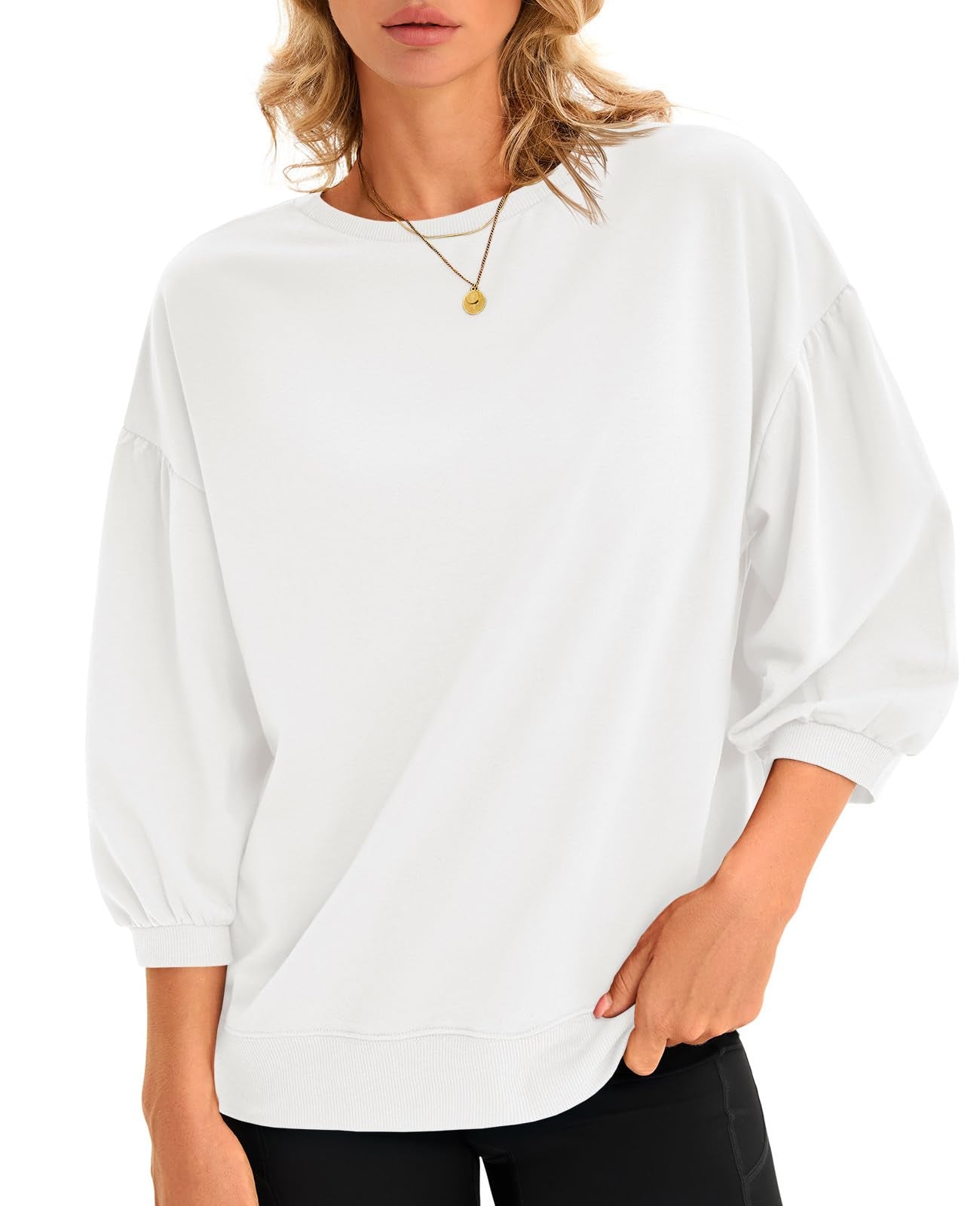 Fisoew Womens Puff Sleeve Sweatshirts Casual Crewneck Sleeve Loose Fit Fall Pullover Tops