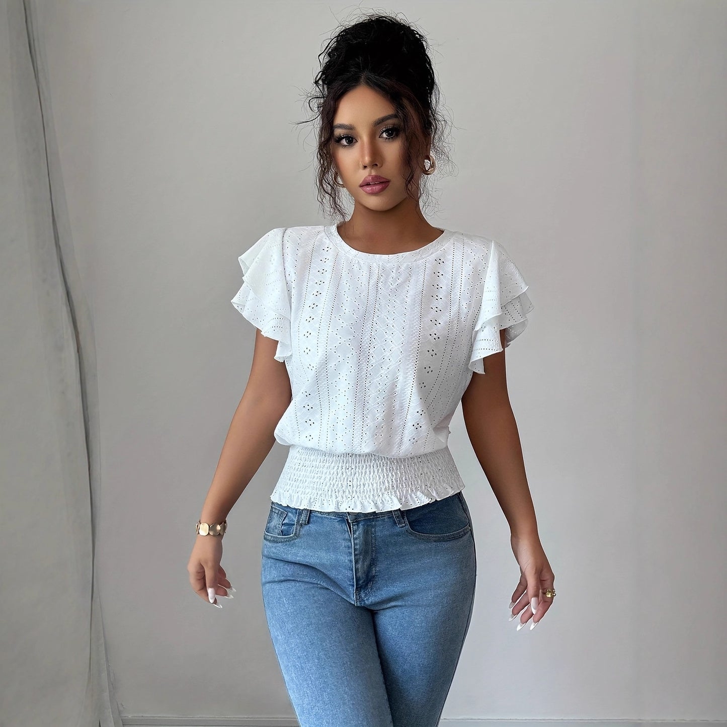 Jacquard Solid-color Crewneck Ruched Batwing-sleeve Short-sleeve Shirt